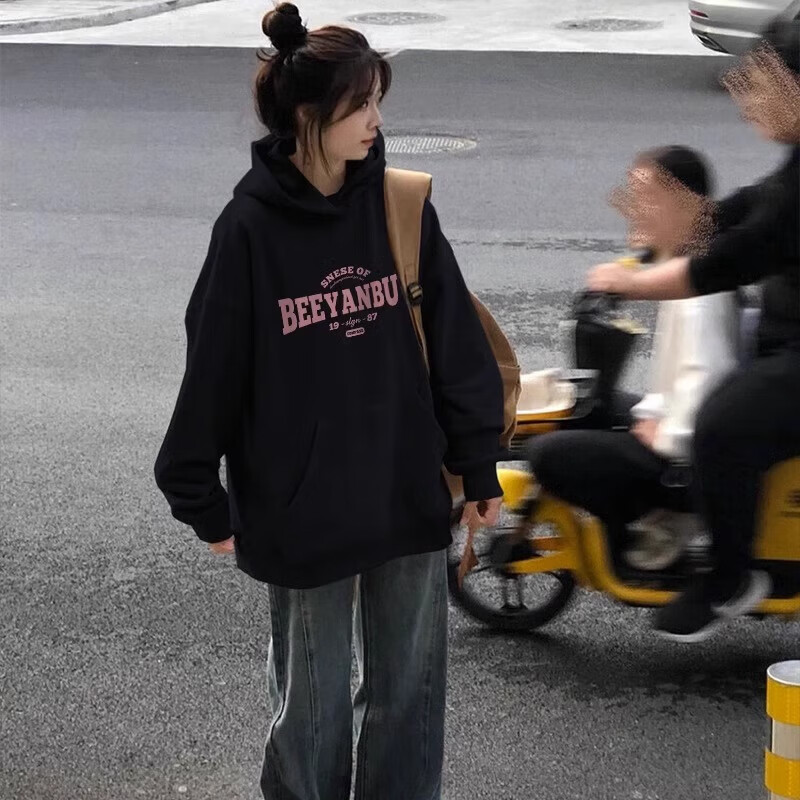 索菲堡 卫衣女春秋款2023新款复古字母印花连帽百搭学院风宽松情侣外套 黑色【加绒款】 XL高性价比高么？