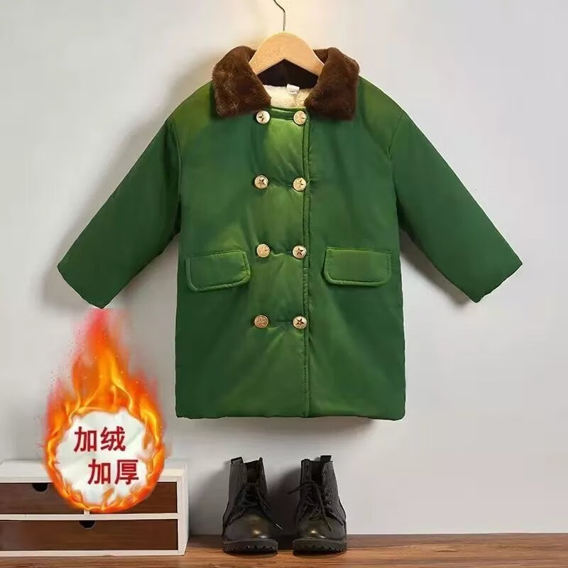 欧曼玫【精选】儿童军棉大衣加棉加厚中长款男童外套东北军绿棉衣加绒