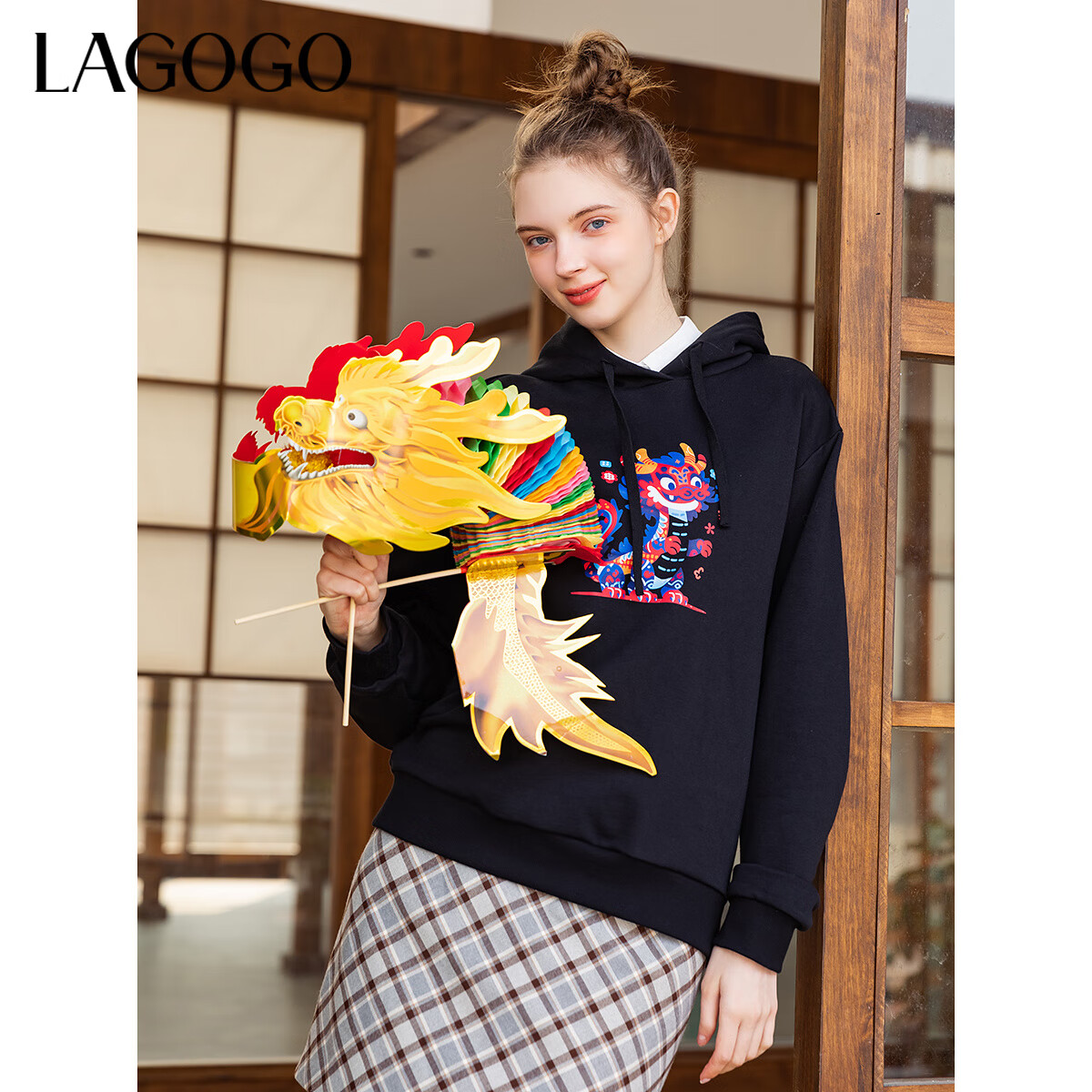 LAGOGO卡通连帽宽松卫衣女拉谷谷2024年春秋款小个子弹力舒适上衣 黑色(W1) M 160/38