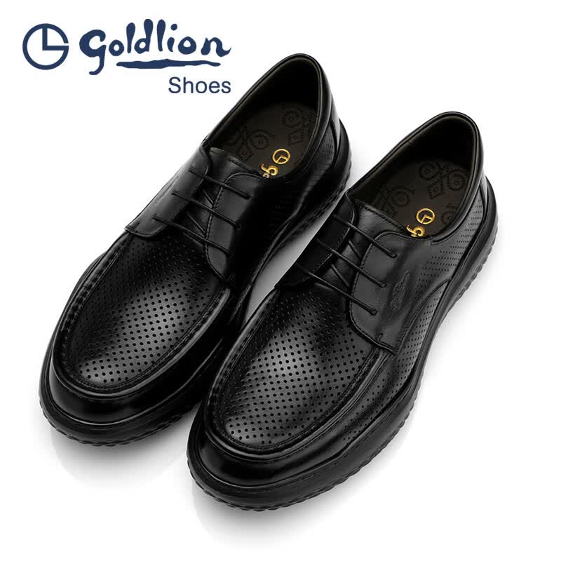 金利来（Goldlion）凉皮鞋男 夏季男士冲孔商务休闲凉鞋 圆头系带厚底透气镂空男鞋 黑色 42