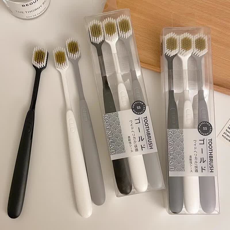 3支装日系简约牙刷宽头细毛成人家用家庭装情侣旅行便携软毛牙刷 牙刷-1盒装(黑白灰 3支 五盒装