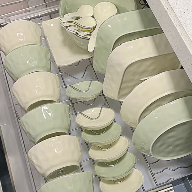 LOOKING HOME碗碟套装奶油风陶瓷餐具整套乔迁碗盘奶黄奶绿55件套