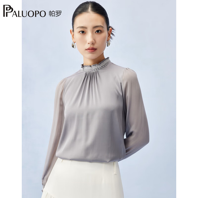 帕罗（PALUOPO）19姆米弹力双乔夏女士真丝长袖t恤荷叶领褶皱重磅木耳边缎面衫 蓝灰色 M (160/84A)
