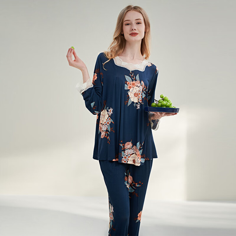 绮瑞莫代尔棉女春秋长袖家居服印花色方领套头蕾丝绣花边睡衣宽松 睡裙 XL(适合125-140斤)