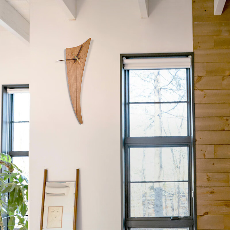 KOLYMAX轻奢风客厅电视背景墙挂表实木牛角壁挂钟创意原木石英钟创意钟表 榉木创意静音挂钟 14*50CM*1.5CM厚 50cm