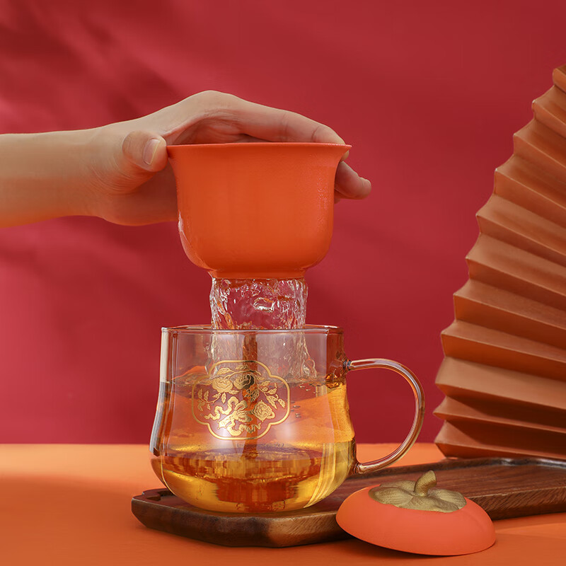 上新了文创 生日礼物故宫柿柿如意泡茶杯 茶水分离杯陶瓷内胆中秋节礼物 柿柿如意礼盒装