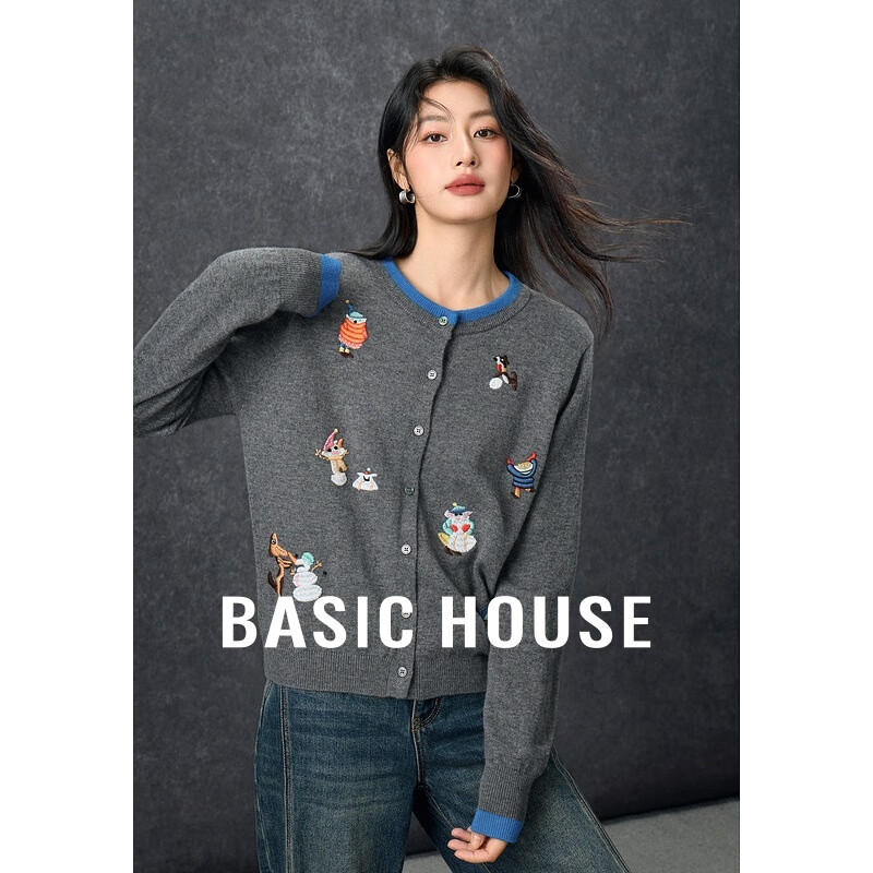 Basic House/百家好卡通刺绣圆领毛衣秋冬减龄绵羊毛撞色开衫外套 灰色 M 105-120斤