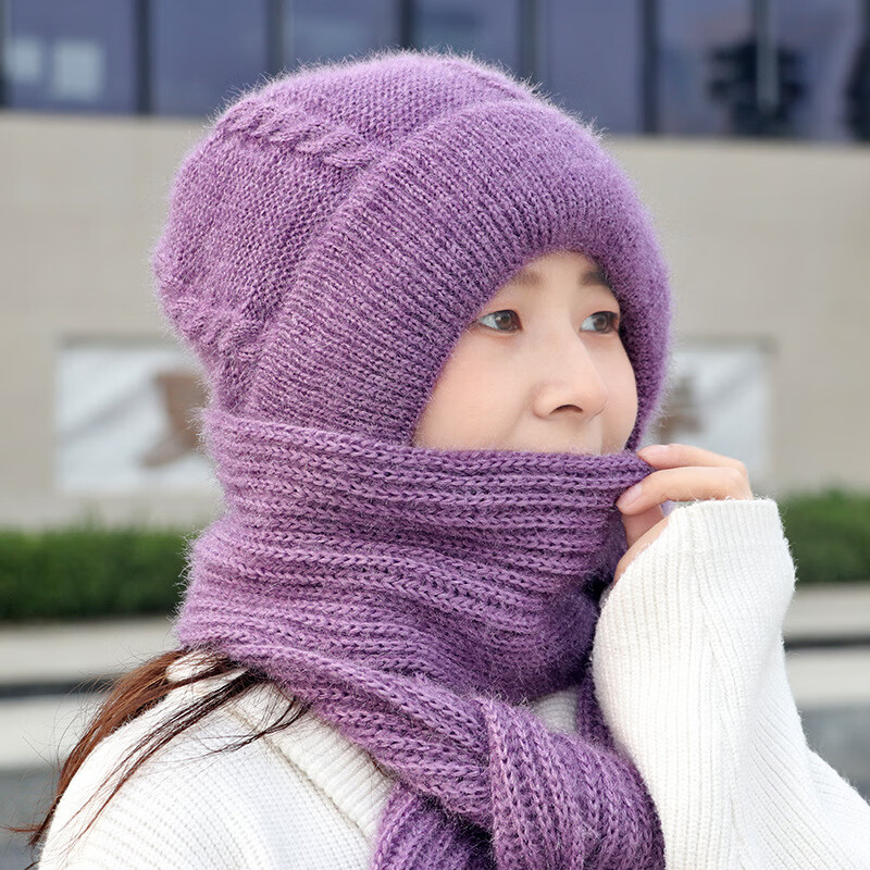 帽子围巾一体80岁老太太中老年人加厚妈妈奶奶女士保暖防风寒 紫色