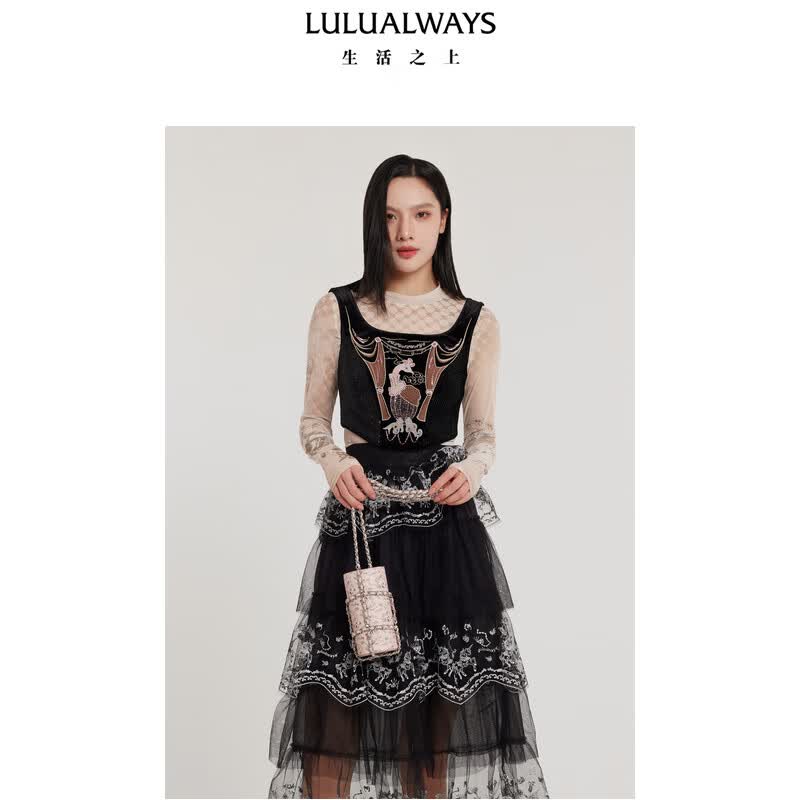 LULUALWAYS【商场同款】新款基础百搭修身薄款网纱打底衫女 灰色 S