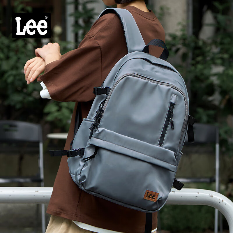 Lee潮流双肩包男高中大学生书包女休闲背包大容量旅行电脑包灰蓝色