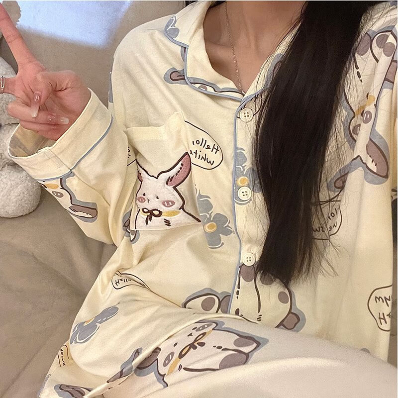 浪莎可爱小兔子睡衣女春秋新款长袖长裤ins风日系学生居家服套装外穿