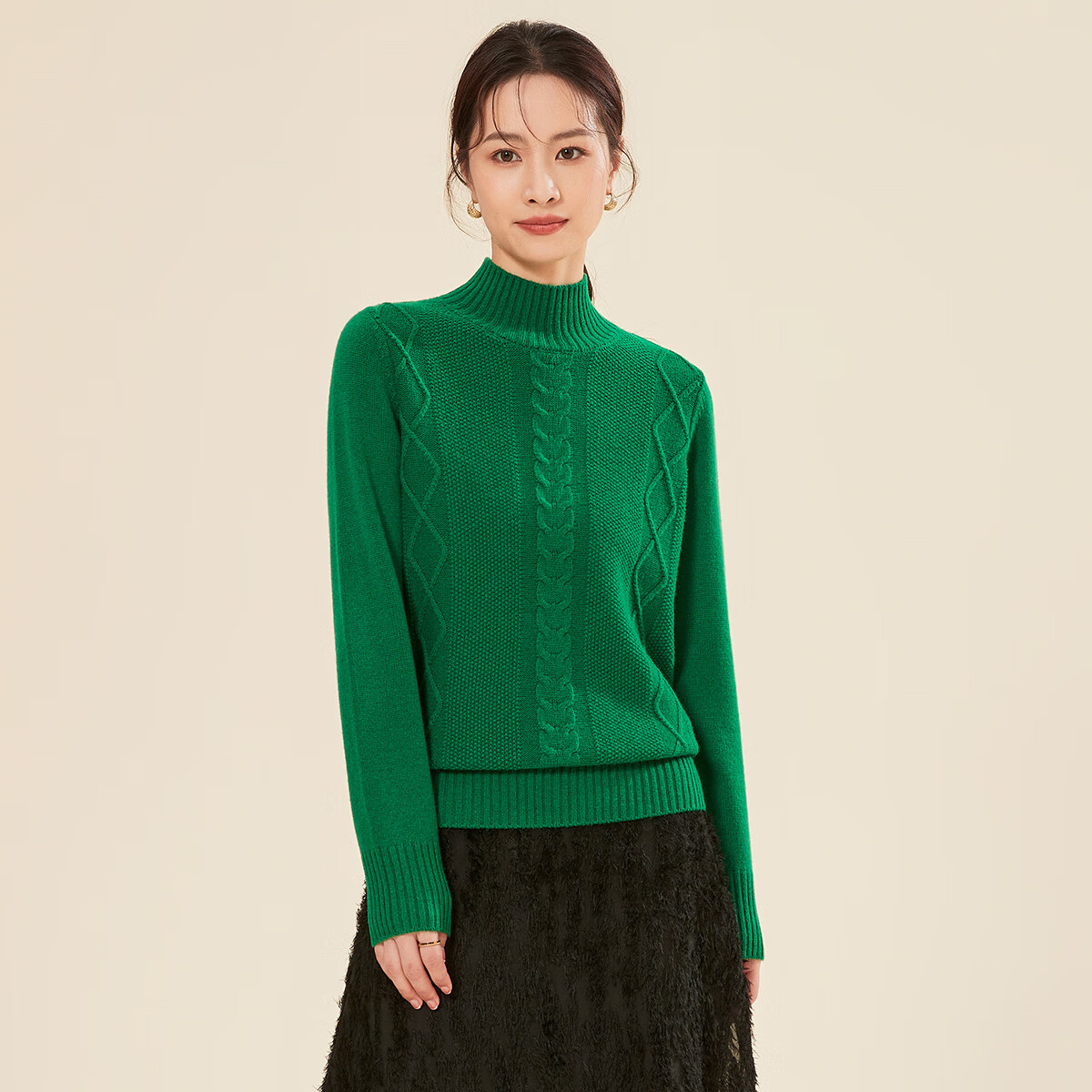 春竹【100%绵羊毛】半高领绞花针织保暖气质百搭毛衣女羊毛衫上衣
