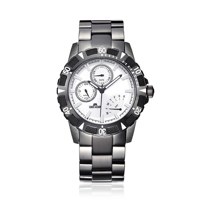 励柏艾顿手表男时尚轻奢多功能三眼腕表 商务休闲防水男士手表 白色