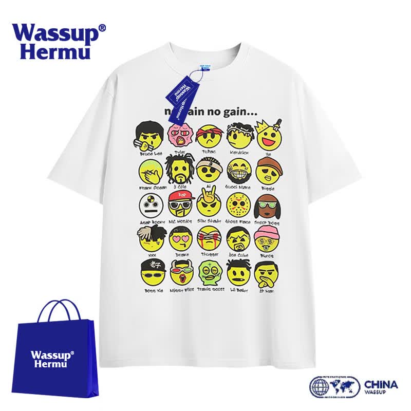 wassup hermu重磅纯棉短袖t恤男夏季嘻哈笑脸印花透气宽松运动情侣