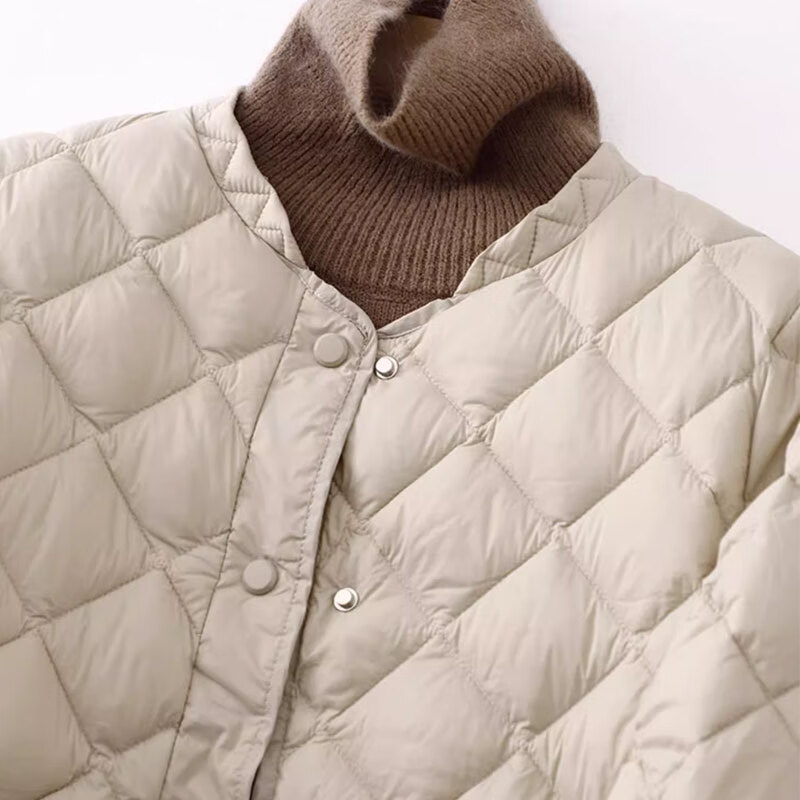 子牧棉麻2024秋冬装 女轻薄款棉服圆领短款时尚菱形格外套1508 杏色 XL(建议125-140斤)