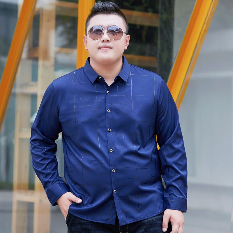 奕津大码啤酒肚男法兰绒衬衫长1袖男士胖子肥佬衬衣特大号春秋潮流加