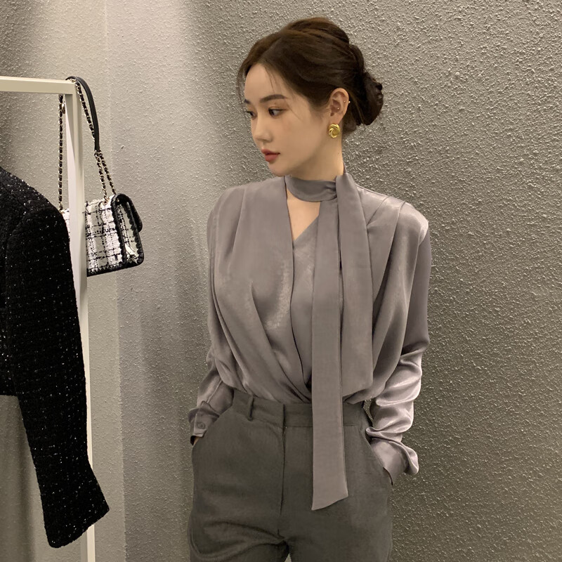 英皇保罗气质抗皱衬衣系带时尚缎面衬衫女春秋飘带领带法式高级感v领