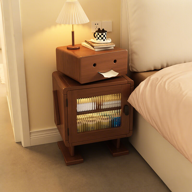 藝柳園實(shí)木床頭柜兒童機器人柜子臥室床邊儲物收納柜客廳沙發(fā)邊柜帶燈 胡桃色桐木+感應燈
