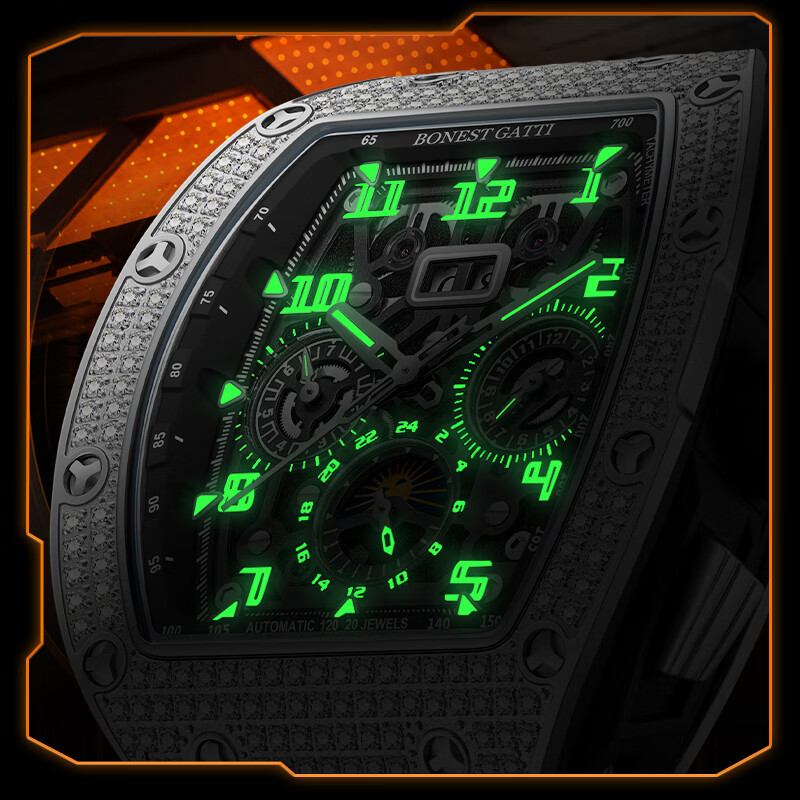 布加迪(BONEST GATTI)德国全自动机械手表镂空商务运动男士腕表情人节生日礼物送男友 BG5004-R1银壳黑面黑胶带 44mm