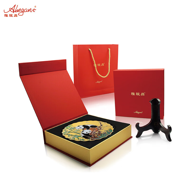 雅琅晶 中国特色工艺品桌面摆件外宾创意礼品国宝熊猫外事办公室礼物 国宝熊猫-金17.5cm直径晶雕手绘