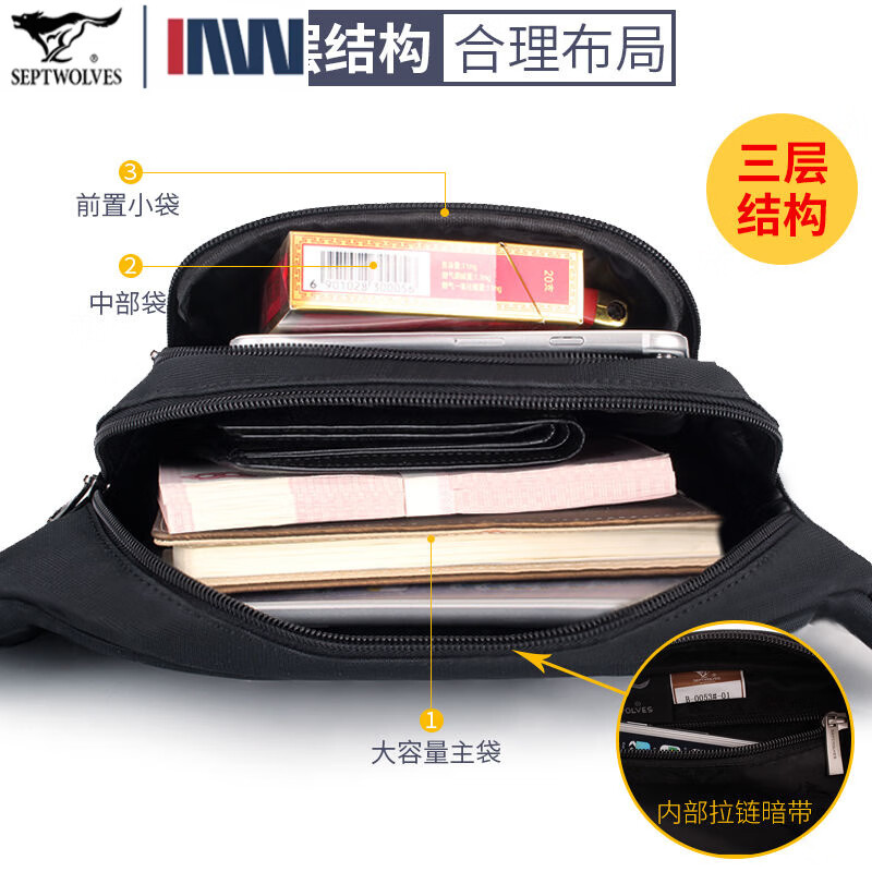 七匹狼2025年新款腰包男多功能运动跑步手机包大容量斜挎包收银帆布腰包 款式一黑色