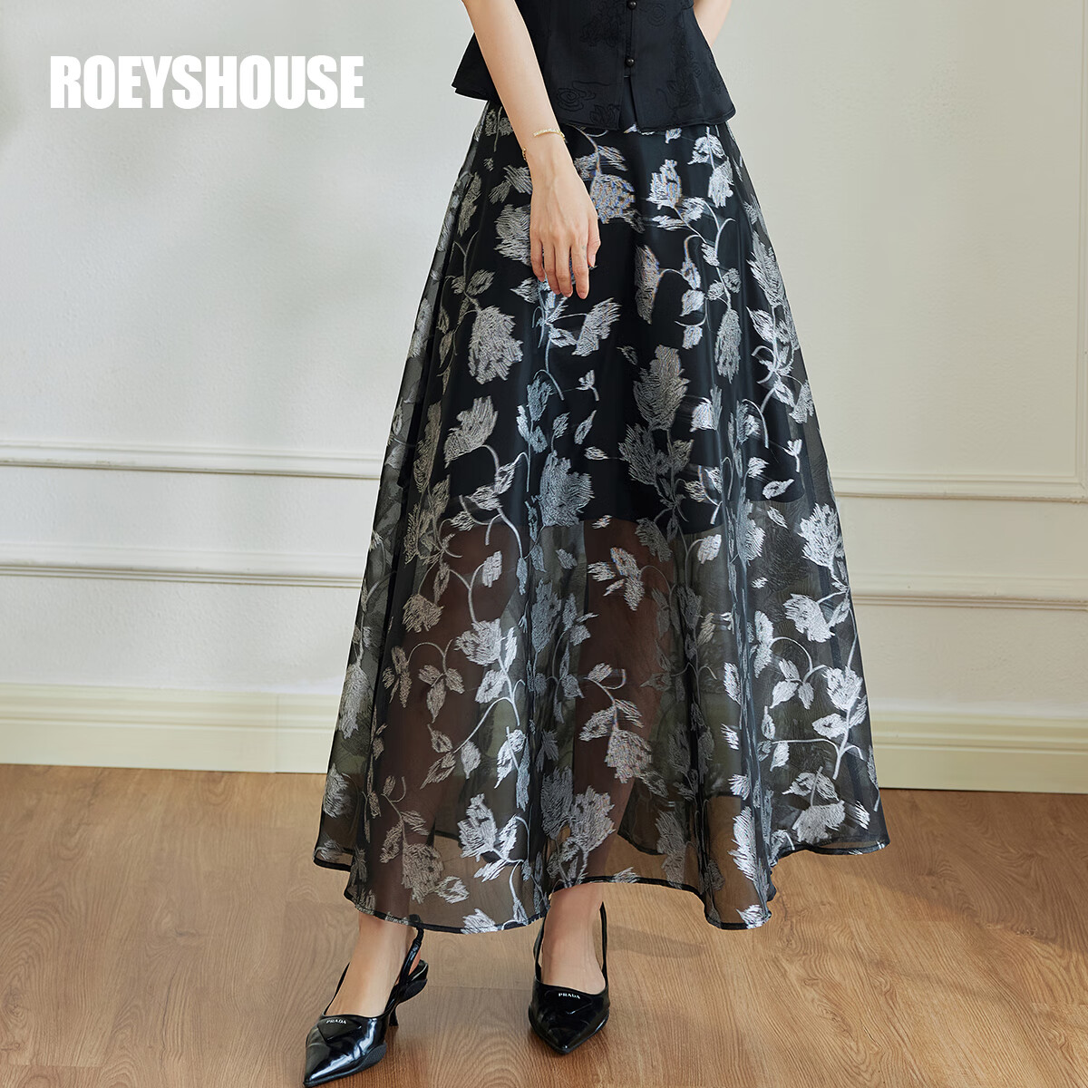 ROEYSHOUSE罗衣新中式高级刺绣半身裙2024夏季新款中国风黑色网纱长裙10481 黑色 L