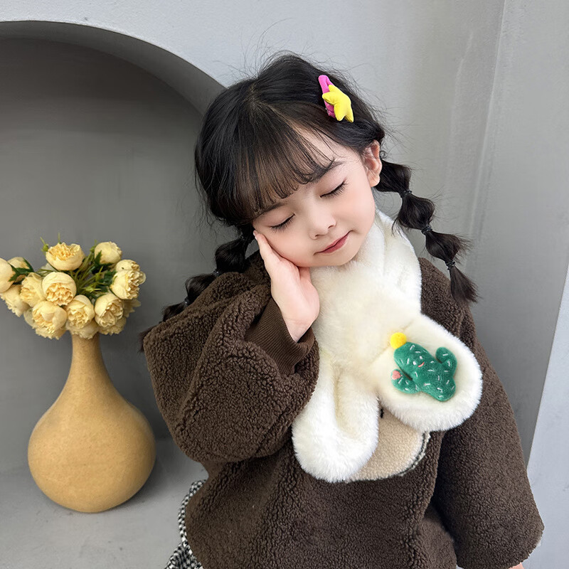 达芬奇密码  圣诞儿童圣诞动物卡通围脖礼物冬季仿獭兔毛绒百搭秋冬天围巾 仙人掌 奶白 70cm*10cm