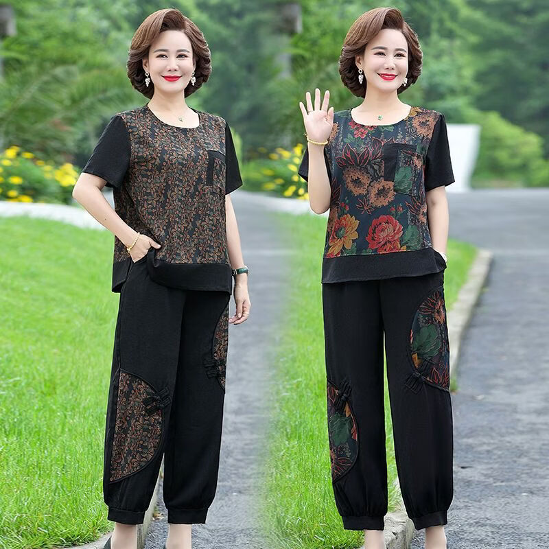 俞兆林(YUZHAOLIN)母亲节大码妈妈夏装休闲套装中老年女装洋气两件套老年人衣服 黑色套装 5XL 建议155-170斤