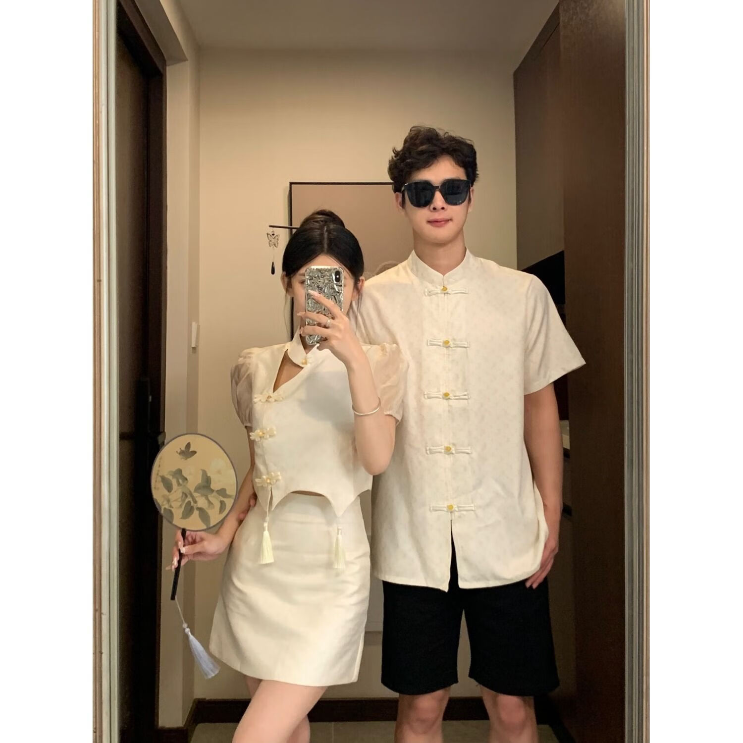 圣琪朵pc情侣装衣服一女一男 情侣款夏新中式情侣装夏季2024短袖衬衫