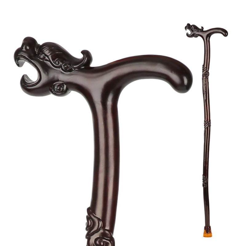 雅轩斋 老人拐杖 实木雕刻龙头拐杖 防滑手杖拐棍老年人专用木质拐杖 枣红色龙头拐杖