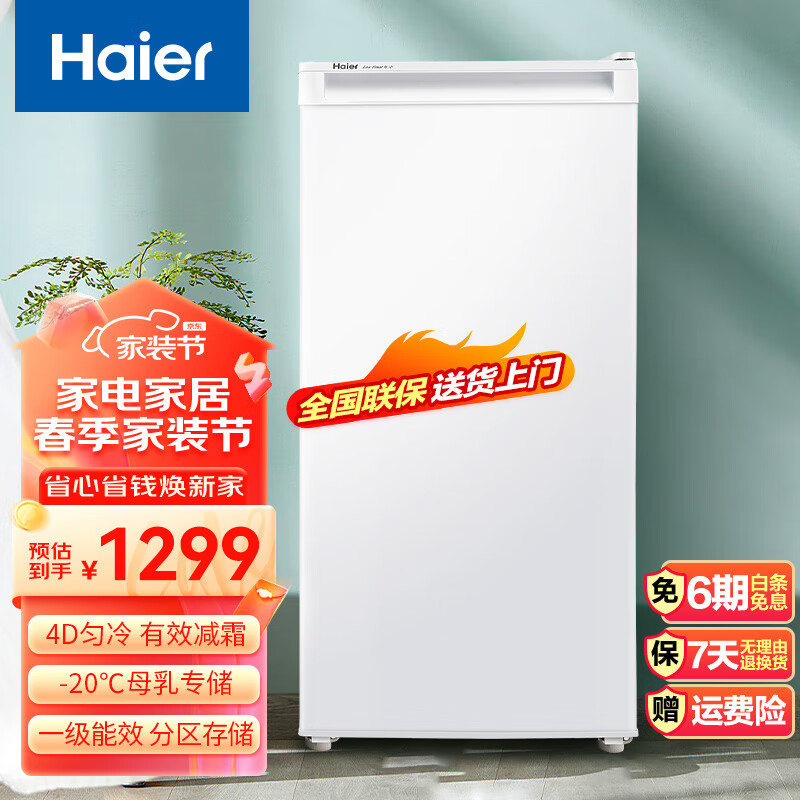 海尔（Haier）102升母乳冷冻柜家用小型抽屉式立式冷柜节能小冰箱匀冷微霜迷你单门冰柜 BD-102DMY（一级能效） 102L