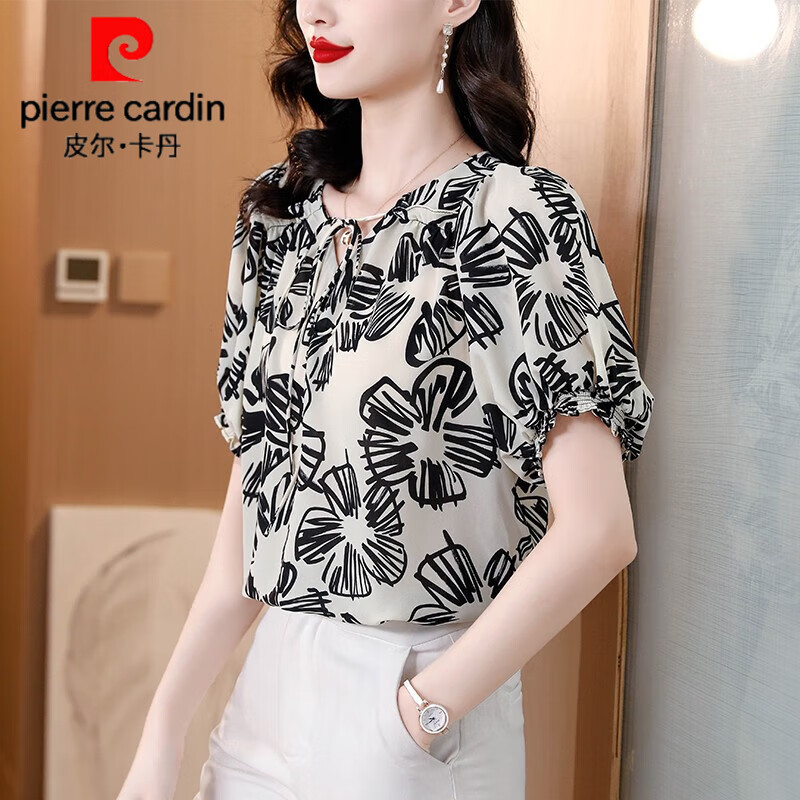 皮尔卡丹杭州重磅真丝衬衫女士短袖衬衣夏季装新款碎花小衫桑蚕丝上衣