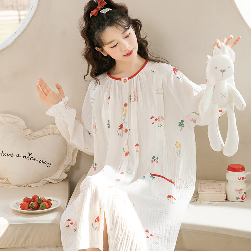家の時光月子服夏季薄款產(chǎn)后孕婦睡衣哺乳衣純棉紗布透氣可調(diào)節(jié)待產(chǎn)家居服 蘑菇小兔-睡裙 L【建議125-145斤左右穿著】