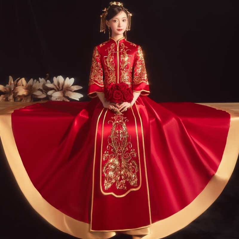 戴丽格24中国风红色中式旗袍结婚礼服中式秀禾服 1907树叶贴花 s