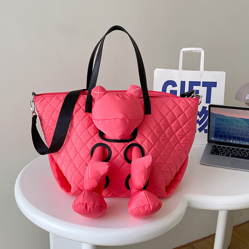 新款大容量女包时尚百搭手提斜挎包可爱卡通青蛙菱格单肩包包 玫红色