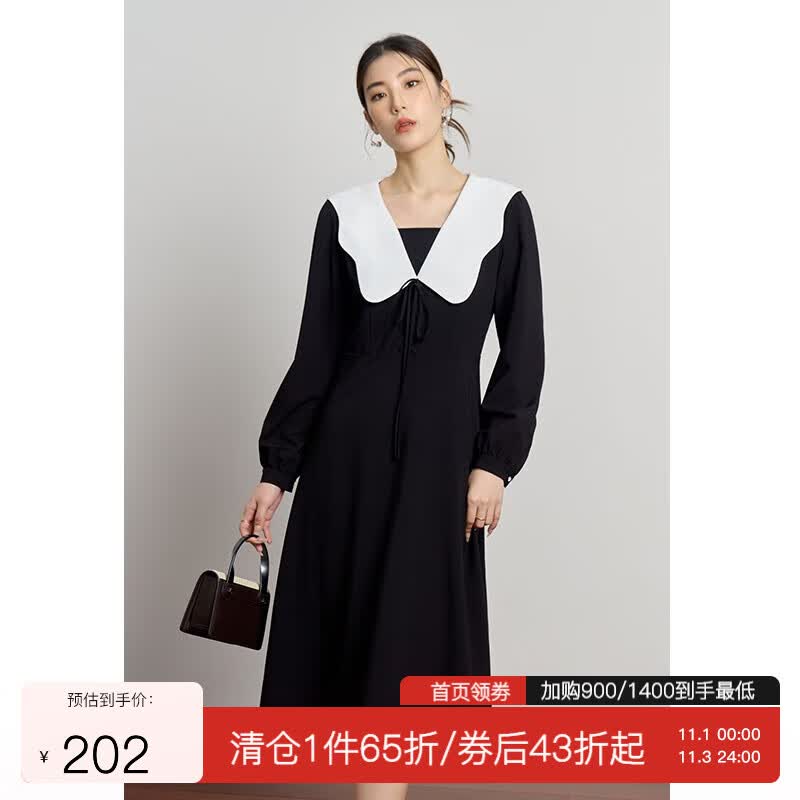 独束大码女装【双色长短款】赫本风裙子蝴蝶结娃娃领新款连衣裙秋 静谧黑-长款 L使用感如何?