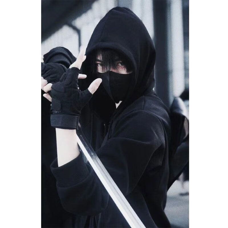 云蔷小哥同款衣服 张起灵卫衣美式oversize重磅外套硬挺连帽黑武 黑色