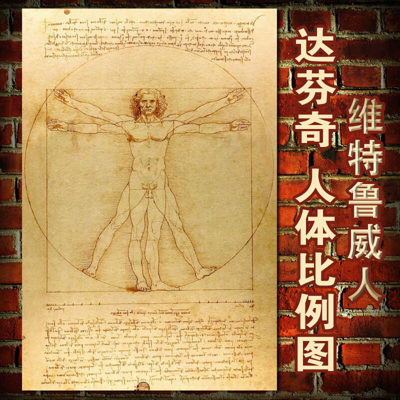 达芬奇人体比例图素描手稿维特鲁威人名画怀旧复古海报画装饰画芯 60*