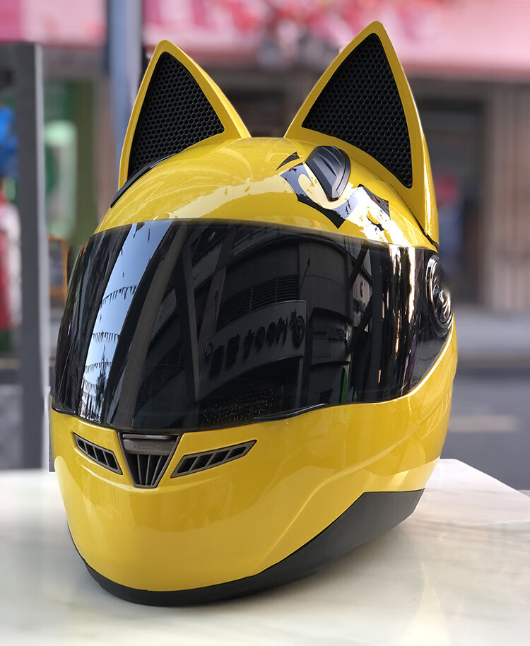 VGVHNJ摩托車頭盔全盔男女士全覆式四季賽車機(jī)車個(gè)性酷3C安全犄角貓 黃色貓耳 XL