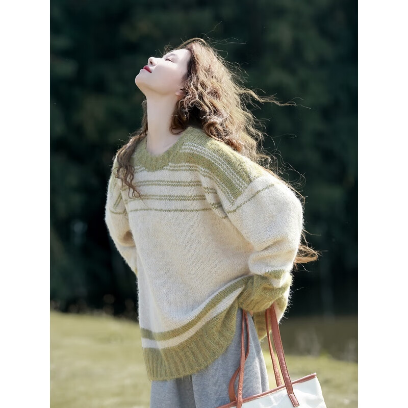 雷黛茜森系甜美温柔慵懒风套头毛衣女秋冬宽松外穿休闲复古百搭针织上衣 绿条纹 S(关注店铺配小礼物)
