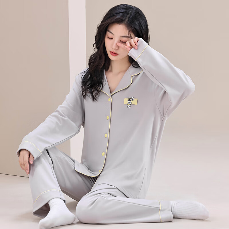 猫人睡衣女春秋 长袖两件套 开衫可外穿立体图案 可外穿家居服 08M6321浅灰色 3XL