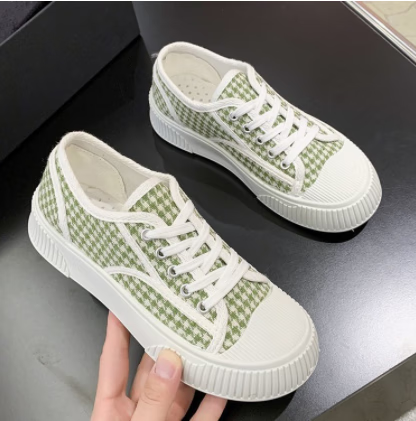 回力四季帆布鞋女饼干鞋低帮黑白软底透气百搭港味复古 千鸟格绿 37