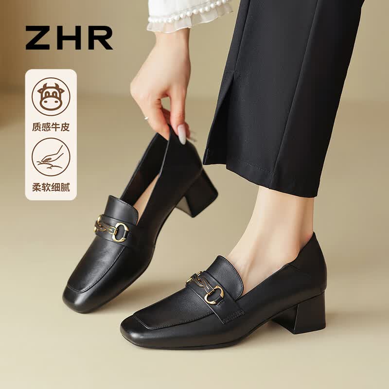 ZHR则则头层牛皮单鞋女通勤风粗跟皮鞋女方头乐福鞋两穿女鞋 KM01 黑色37