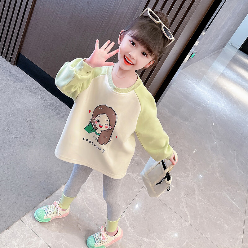套装2024新款洋气宝宝卫衣两件套儿童春秋季时髦衣服运动 绿色两件套
