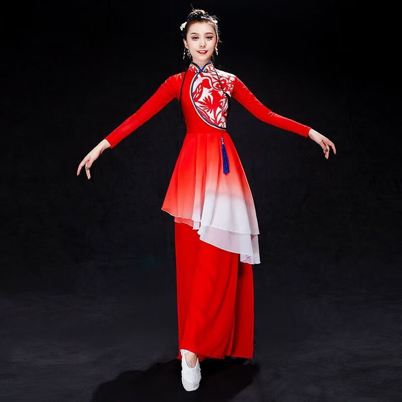 舞演出服女蹈服装飘逸新款扇子舞伞舞秧歌舞服套装现代舞独舞 大红色