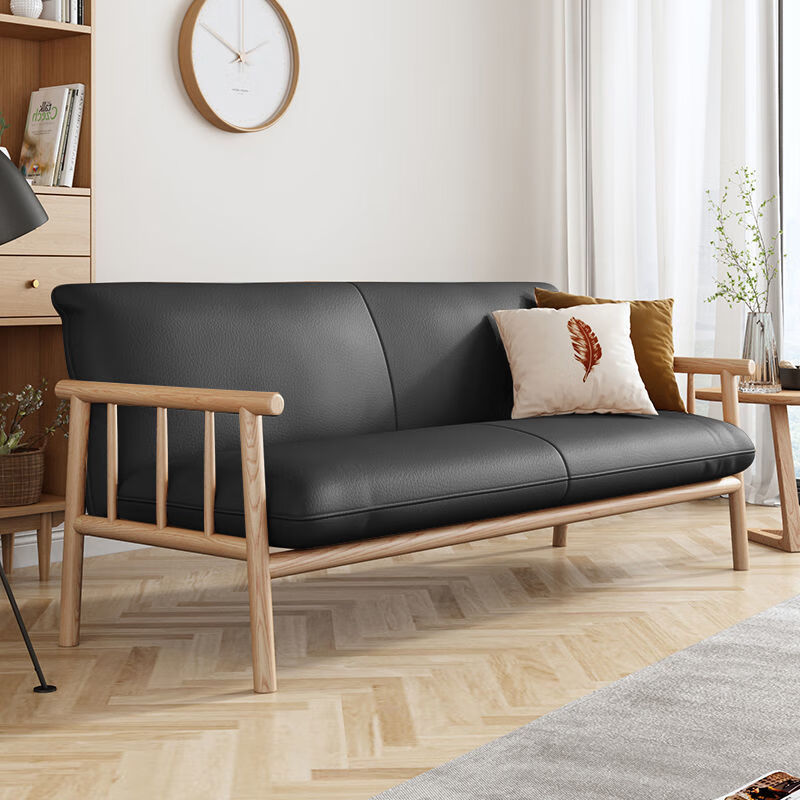 拾爱2024日式皮艺沙发小户型客厅实木北欧橡胶木直排三人沙发简约现代