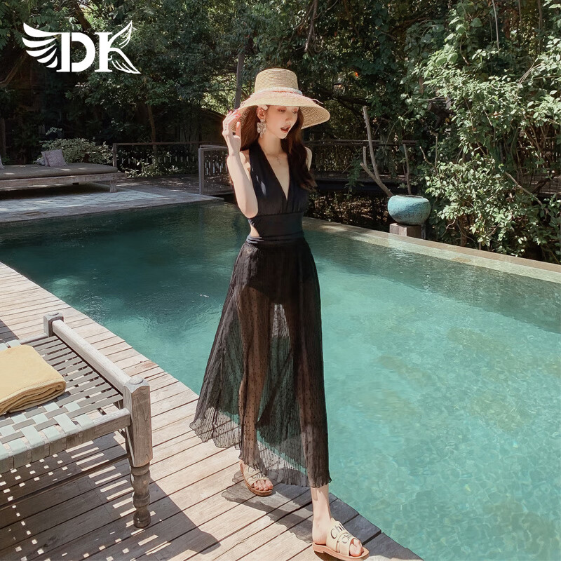 DKDK连体泳衣女泡温泉新款性感纯欲显瘦海边度假高级感 黑色 XL 