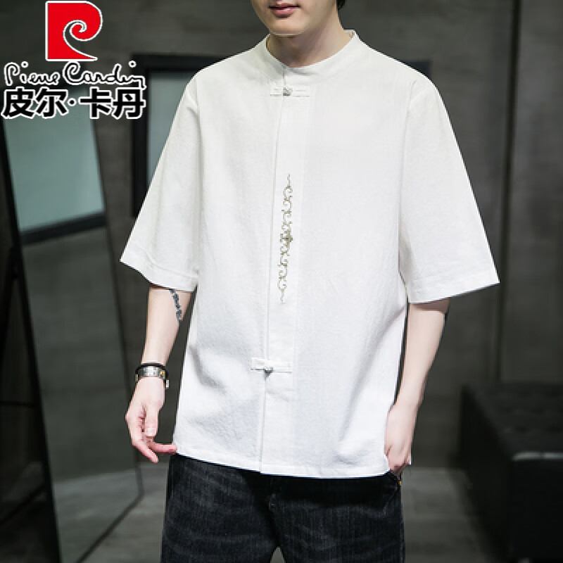 皮爾卡丹（pierre cardin）亞麻短袖t恤男薄款襯衫中國(guó)風(fēng)男裝夏季中式唐裝大碼半袖棉麻衣服 白色 M 110以下