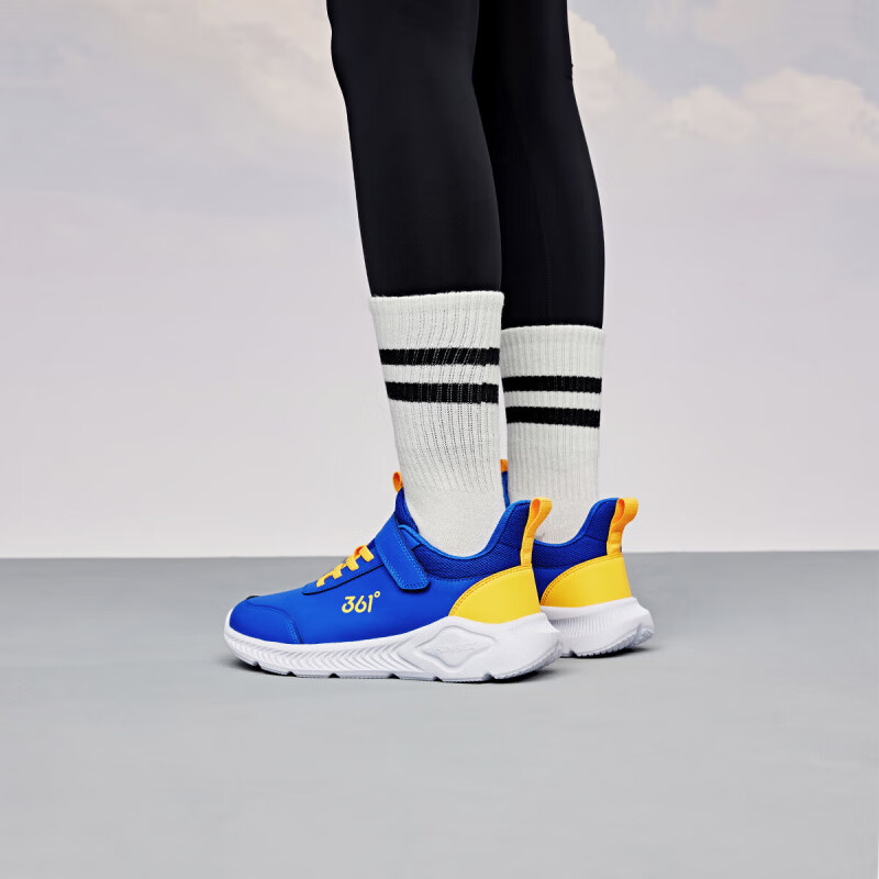 361°儿童运动鞋男童跑鞋秋冬密网轻便魔术贴女童皮革加绒保暖运动鞋 【皮革】科幻蓝色/荧光芒果橙 41