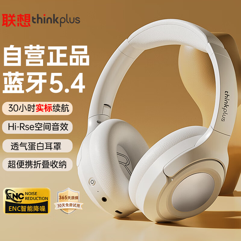 联想（Lenovo）头戴式无线蓝牙耳机 音乐降噪运动电竞游戏电脑网课耳麦长续航强音质  通用苹果索尼小米 TH54白